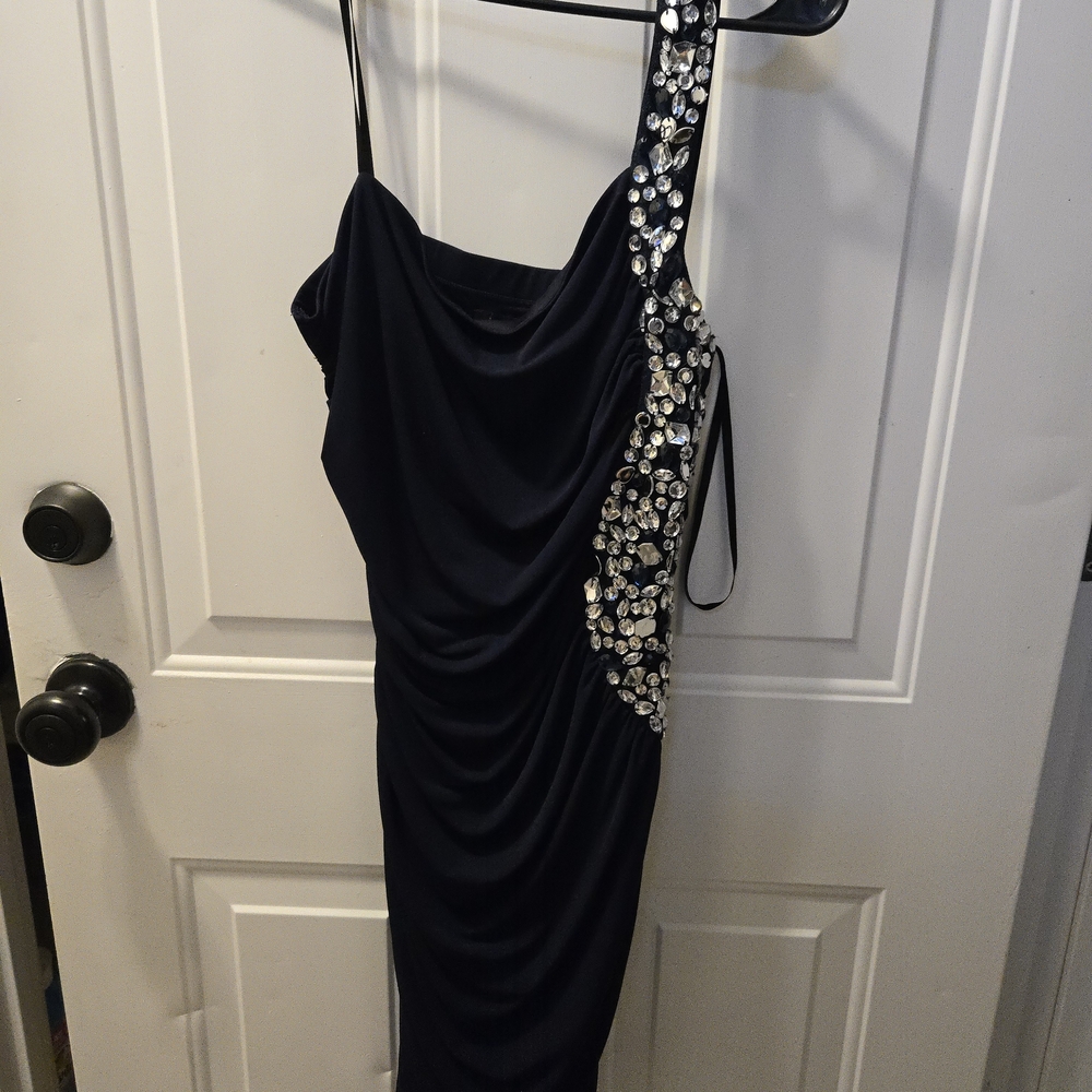 City Triangles Navy Blue One Shoulder Dress with Silver Embellishments